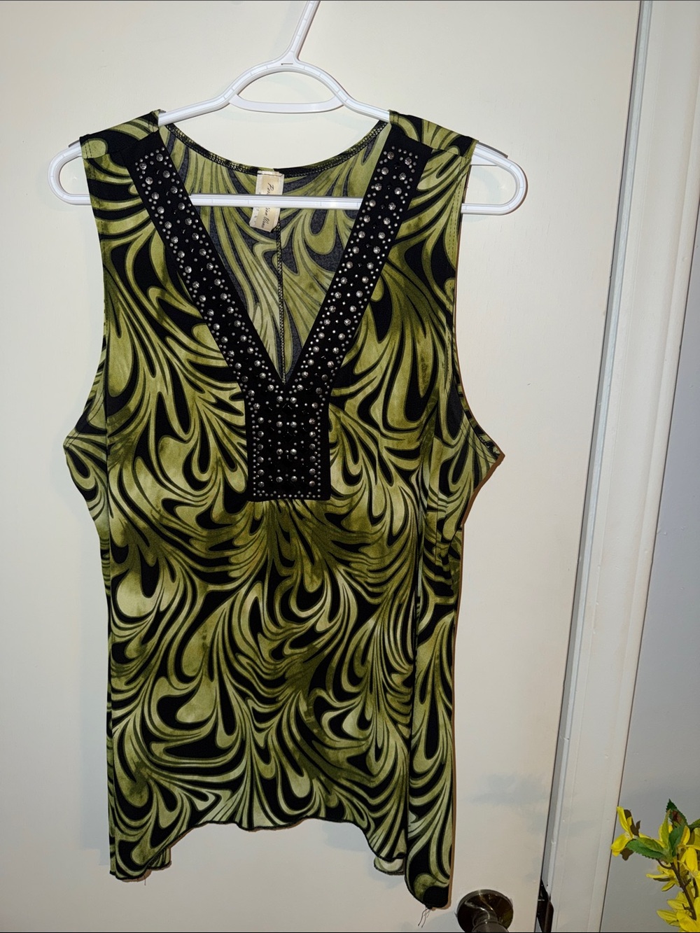 PerSeption Concept Olive Swirl Tank with Black Studded V-Neck